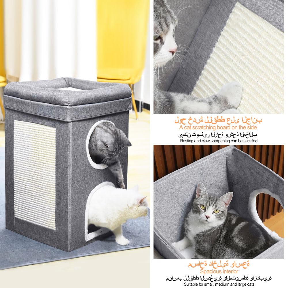 بيت للقطط من جوي فون، سرير كبير 2 في 1 قابل للطي للحيوانات الاليفة مع شرفة مكعب ووسادة خدش للقطط قابلة للطي وملعب مخبأ للنوم ونفق ونفق وكرسي للاطفال ومركز لعب (40 × 40 × 64 سم)