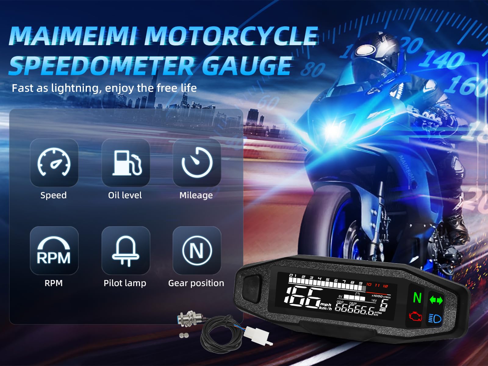 Motorrad Digitaler Tachometer, Drehzahlmesser mit LCD Display, Blinker, Hintergrundbeleuchtung, Kilometerzähler und Vergaser für die meisten Motorradmodelle(mit Stützen and Sensors)