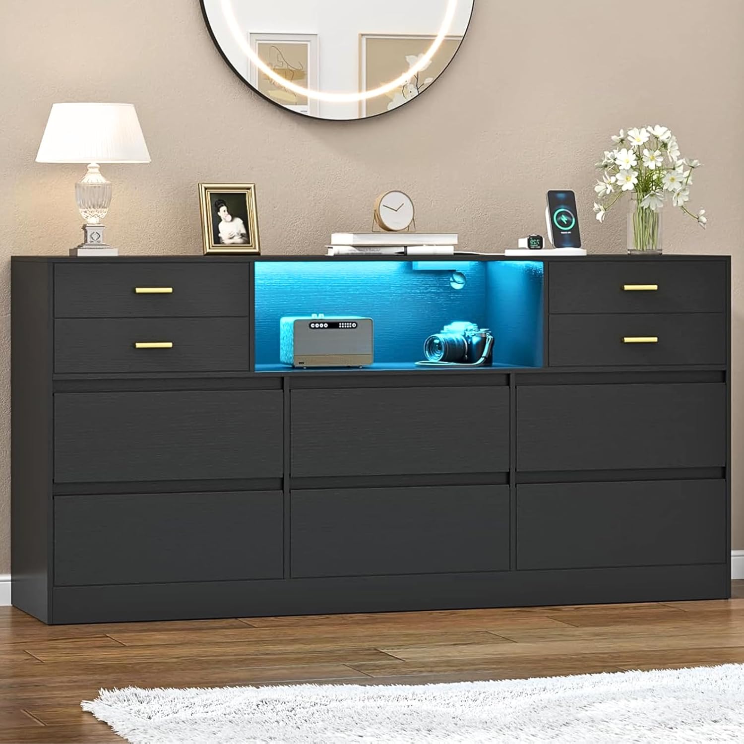 Loomie Upgraded 10 Drawer Black Dresser with Charging Station & Led Lights for Bedroom, 58" Long Triple Wide Dresser TV Stand for TVs up to 65", Wide Chest of Drawer, Large Dressers Organizer wCubby