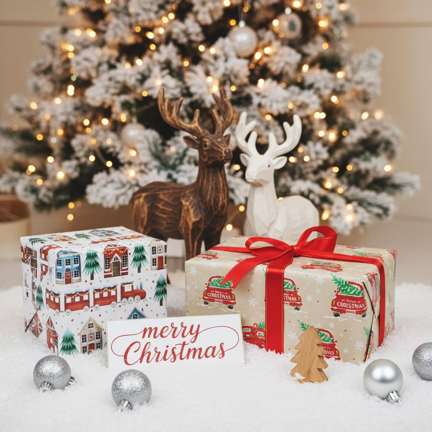 ZDSPIDE Weihnachts-Geschenkpapier-Set für Kinder und Erwachsene, 12 Jumbo-Blätter (50 x 69,8 cm), Urlaubs-Geschenkpapier mit Lebkuchenhaus, Aquarell-LKW, Weihnachtsbaum und Zug