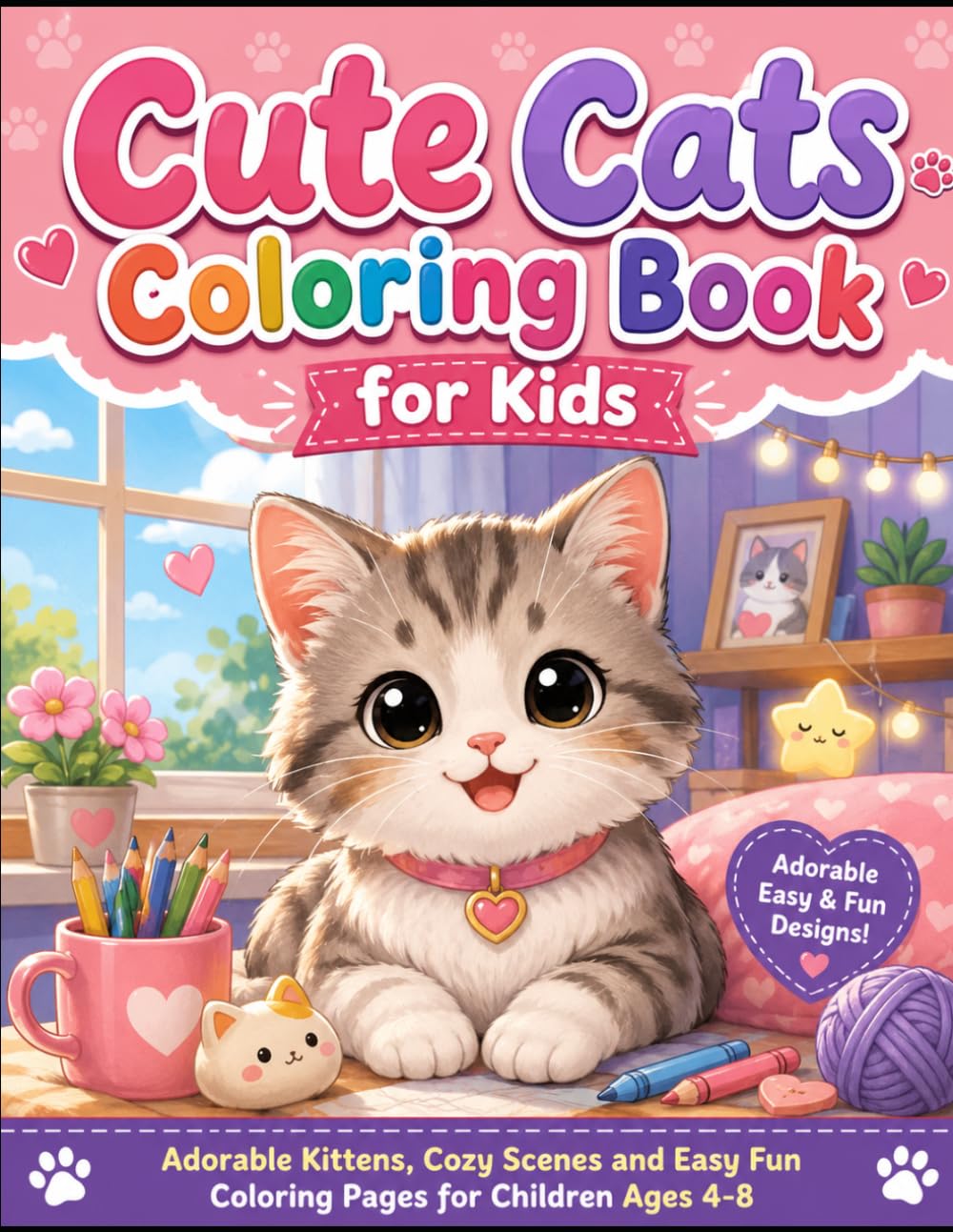 Cute Cats Coloring Book for Kids: Adorable Kittens, Cozy Scenes and Easy Fun Coloring Pages for Children Ages 4–8