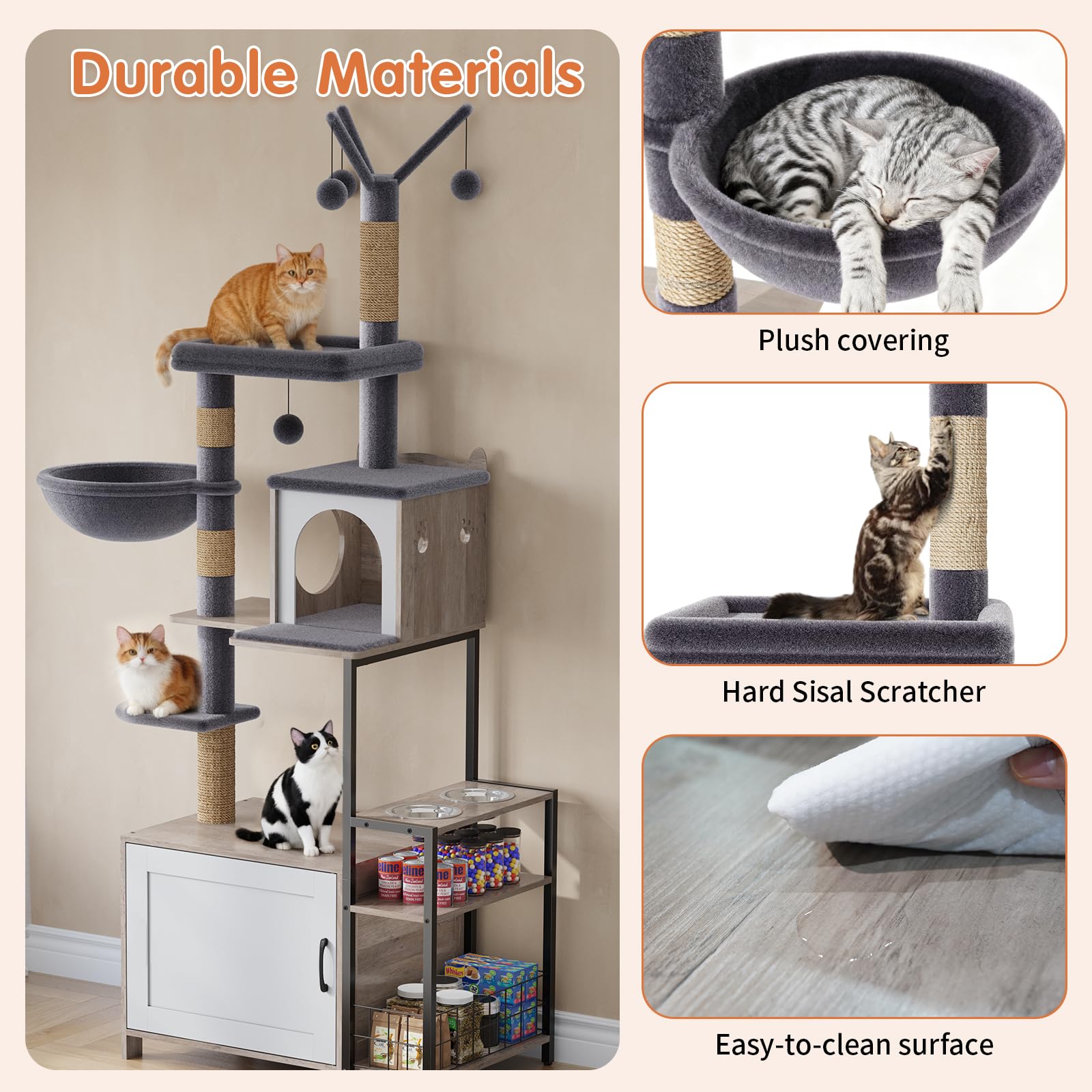 HavenlyYouth Árbol para gatos con cuencos de comida y caja de arena, torre para gatos de varios niveles con postes de sisal para jugar, hamaca de felpa en gris para mayor comodidad
