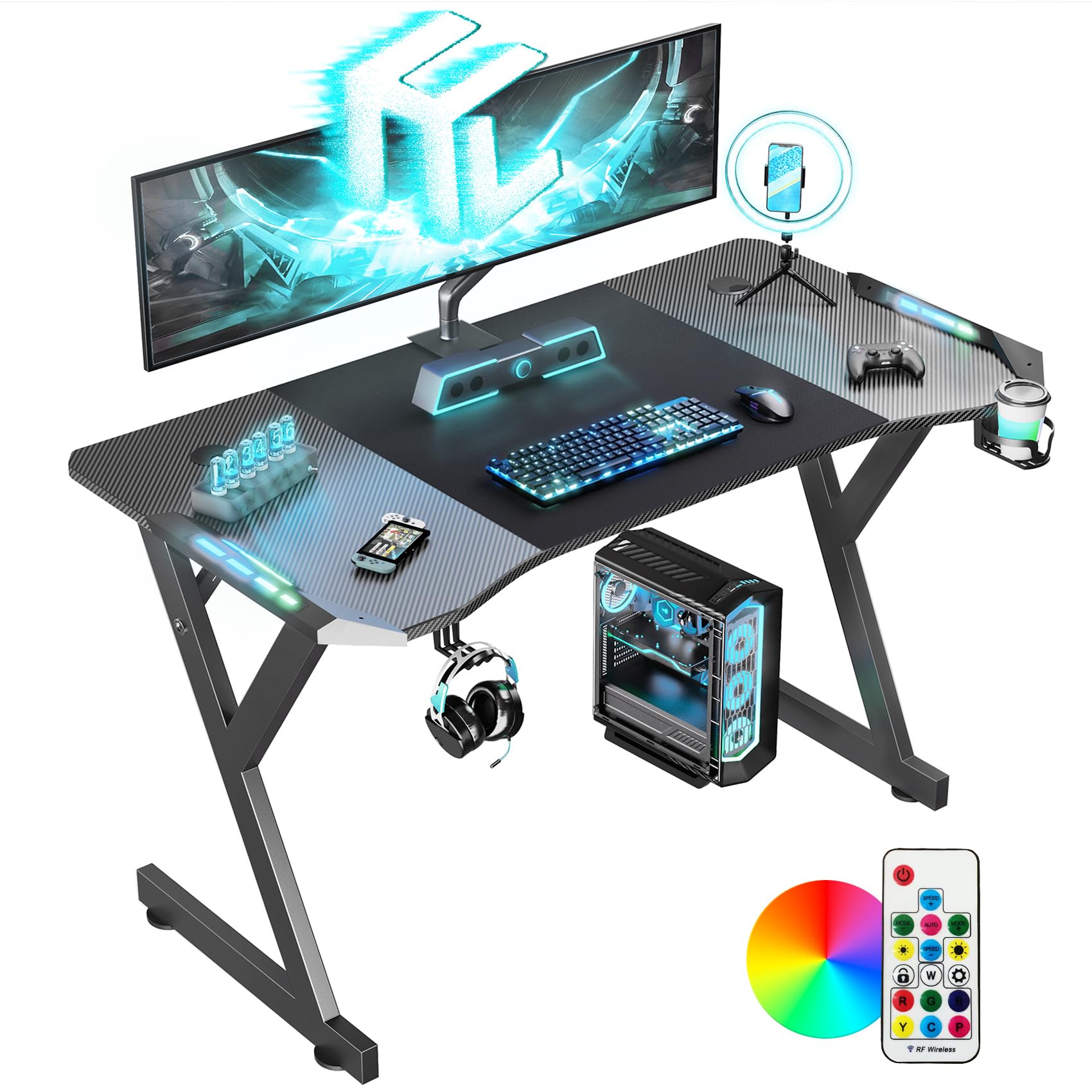HLONONE Mesa Gaming 120 cm × 60 cm, Ergonómico Mesa Gamer con LED, Escritorio Gaming con Tablero de Fibra de Carbono, Gaming Desk con Alfombrillas de ratón, Portavasos y Gancho para Auriculares, Negro