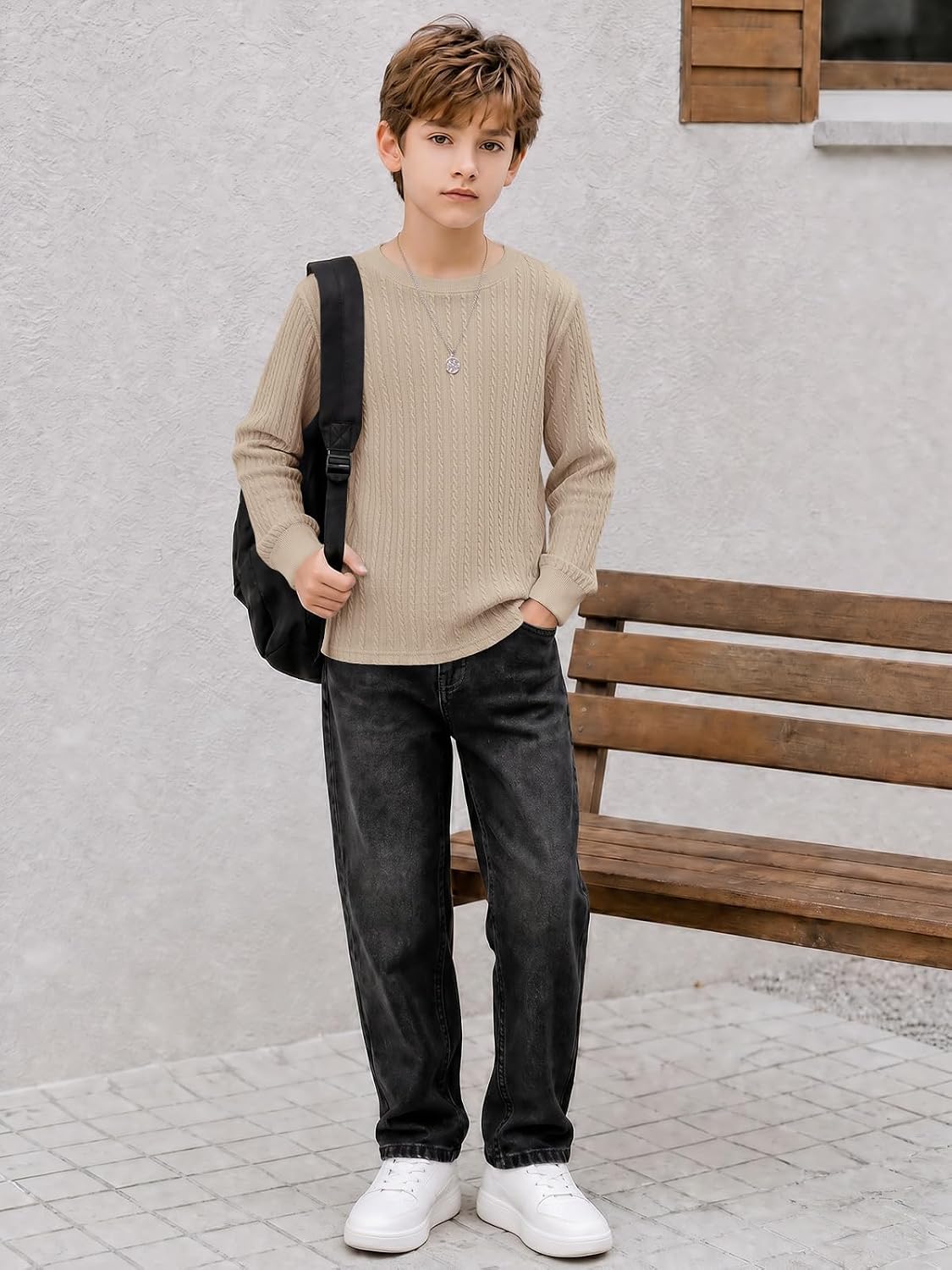 Haloumoning Boys Cable Knit Long Sleeve Shirts Casual Crewneck Tops Tees