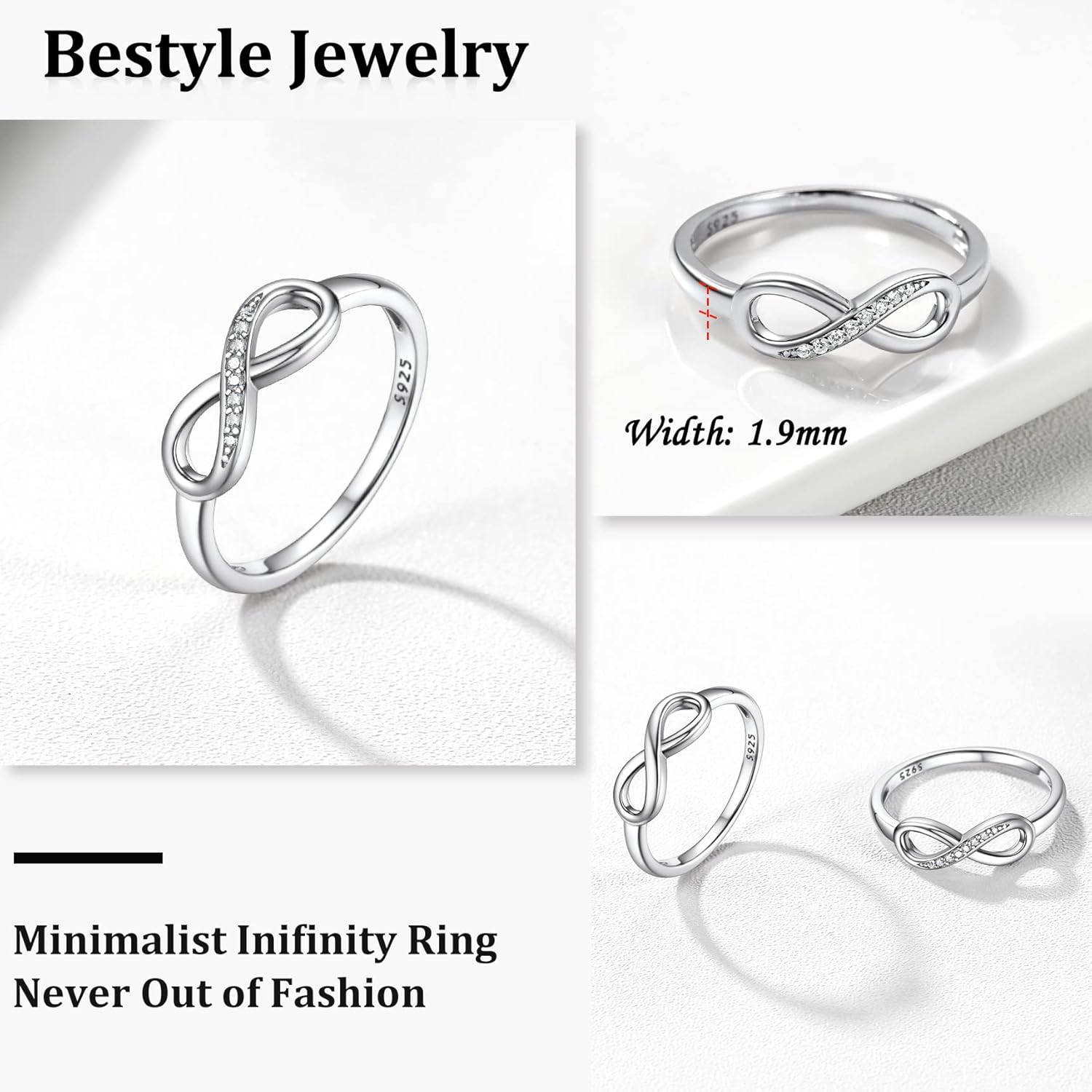 Bestyle Simple S925 Sterling Silver Infinity Rings Cubic Zirconia Rings, Nice Cute BFF Friendship Rings, Dainty Eternity Promise Wedding Bands Perfect Every Day Ring, Size 4-12, Words Engavable - Image 2