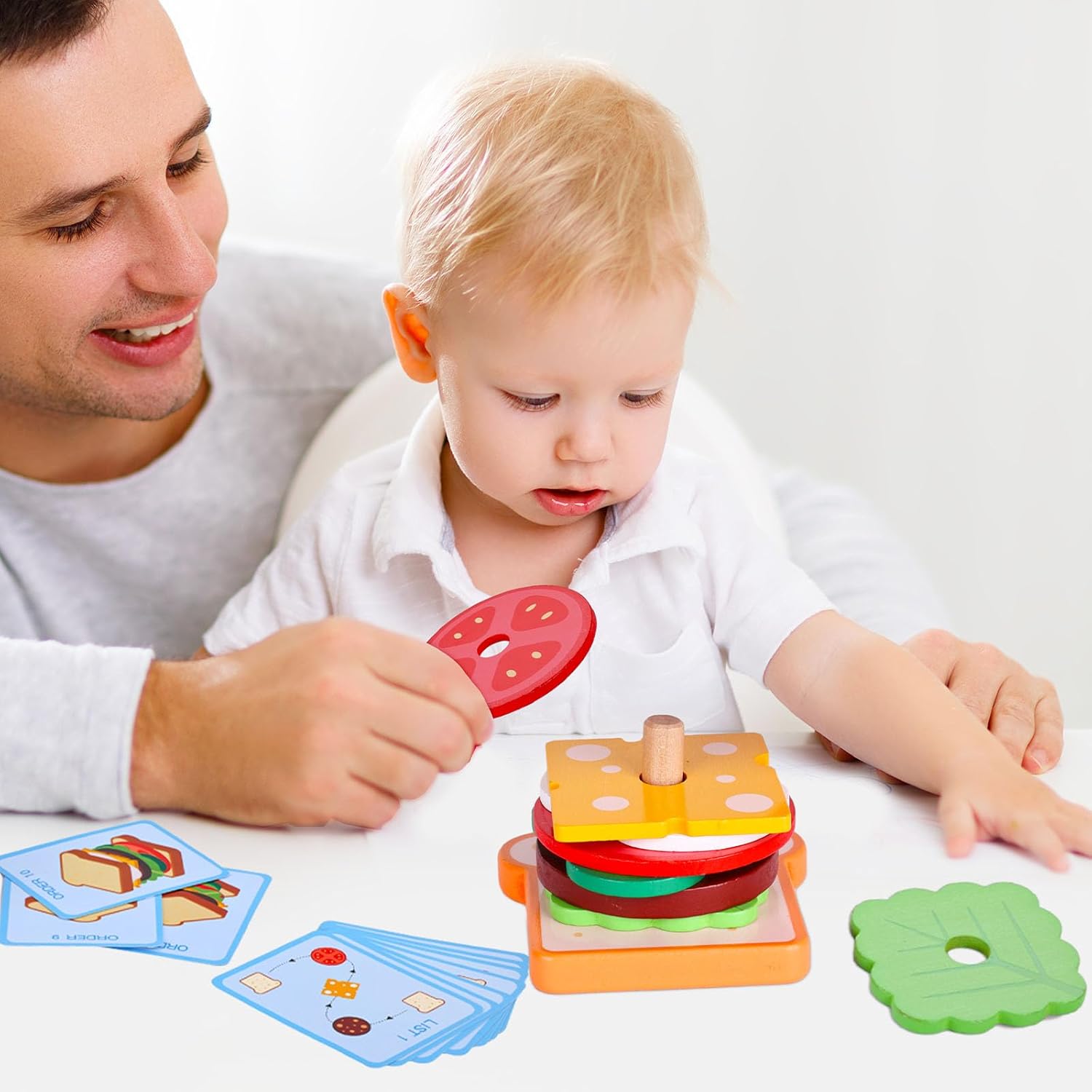LovesTown Wooden Sandwich Stacking Toys for Kids, Preschool Learning Toys with Cards, Montessori Educational Playset (Pack of 2)