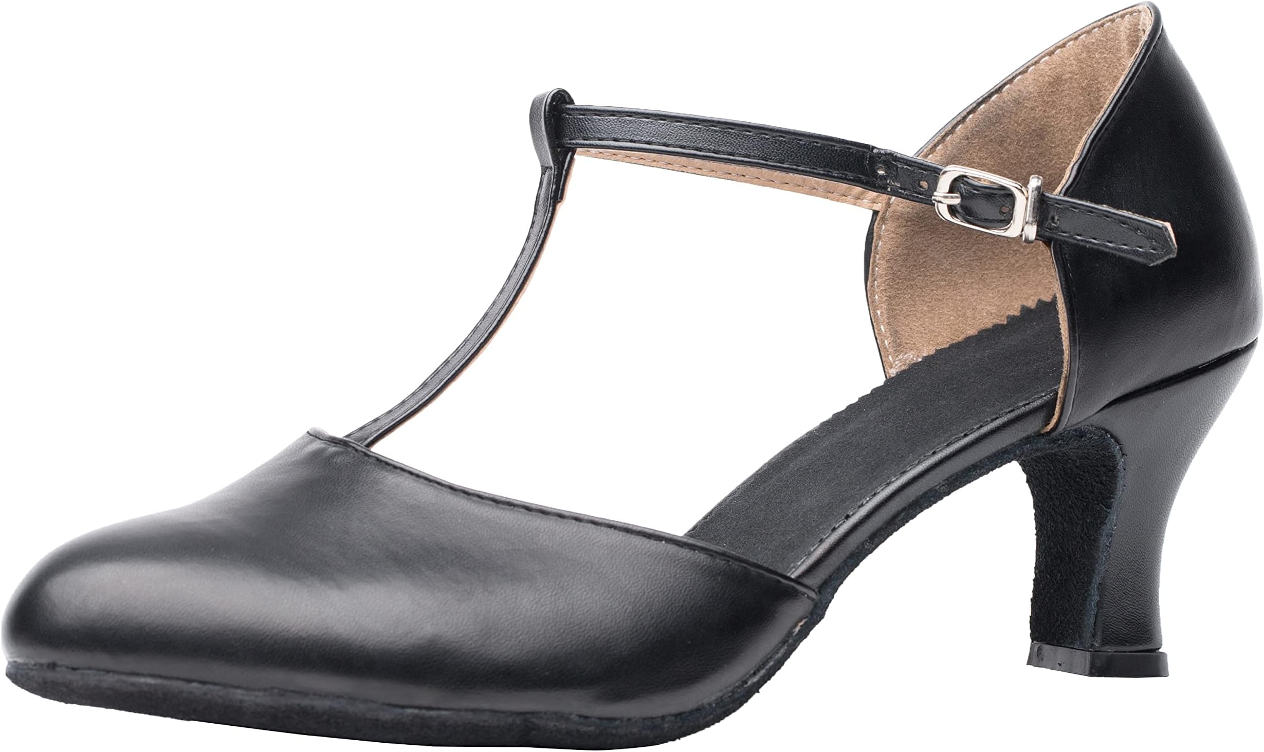 Joocare Women Black Leather T-Strap Latin Ballroom Dance Shoes Ladies Modern Tango Salsa Party Dancing Shoes (9, Black)