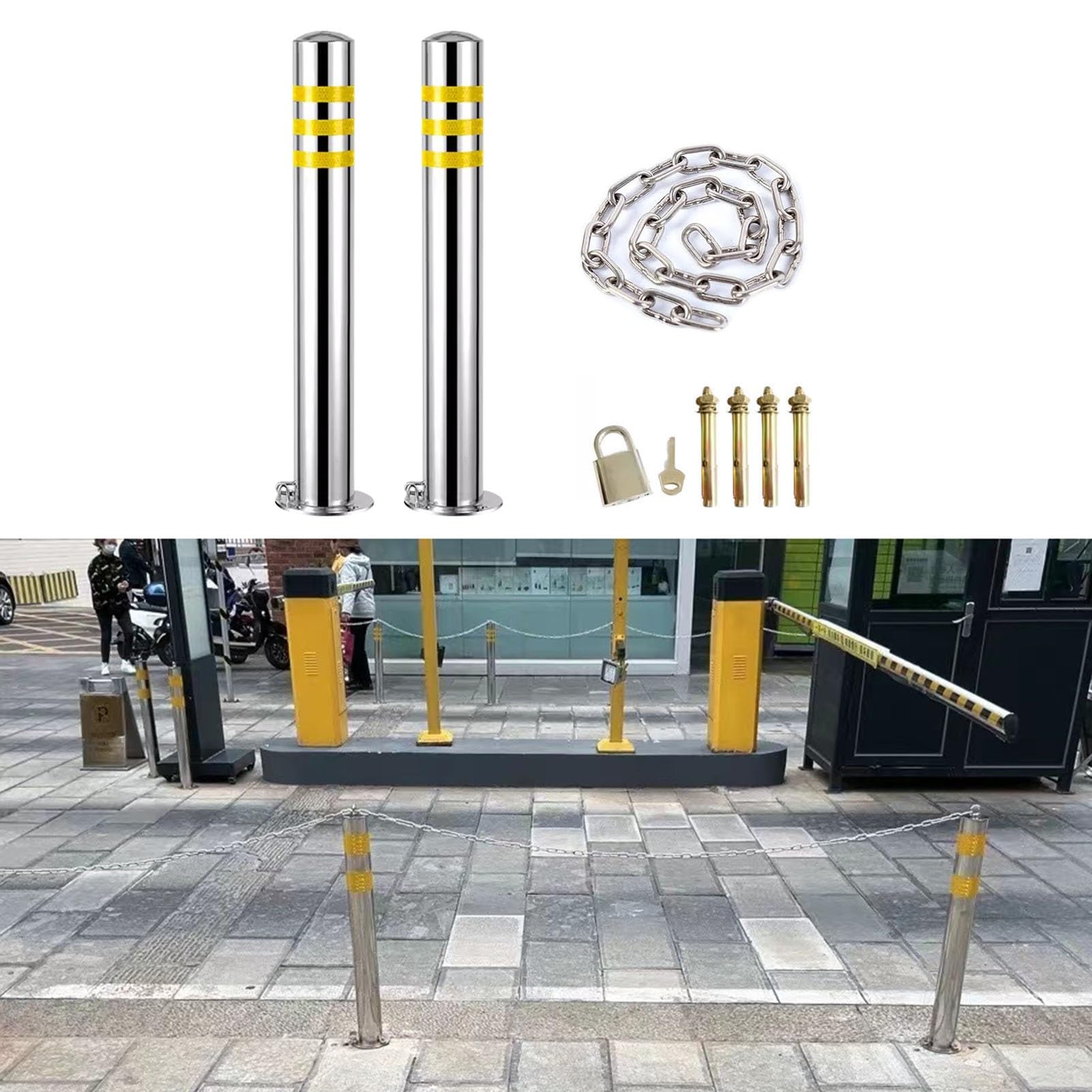 Poste de seguridad con diseño reflectante y cadena de bloqueo para estacionamiento y control de tráfico
