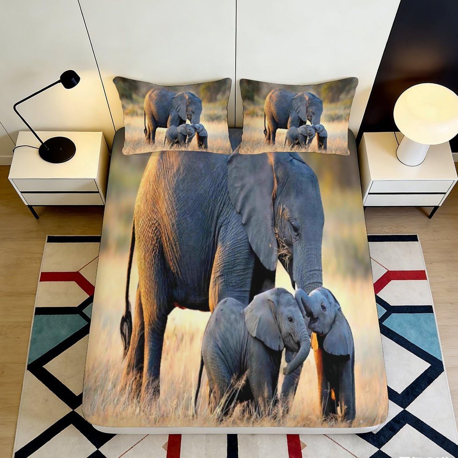 3D Printed Elephant Family Fitted Sheet Microfiber Soft Breathable African Wildlife Bed Cover for Bedroom Guestroom Mattress Protection 90x200x25cm