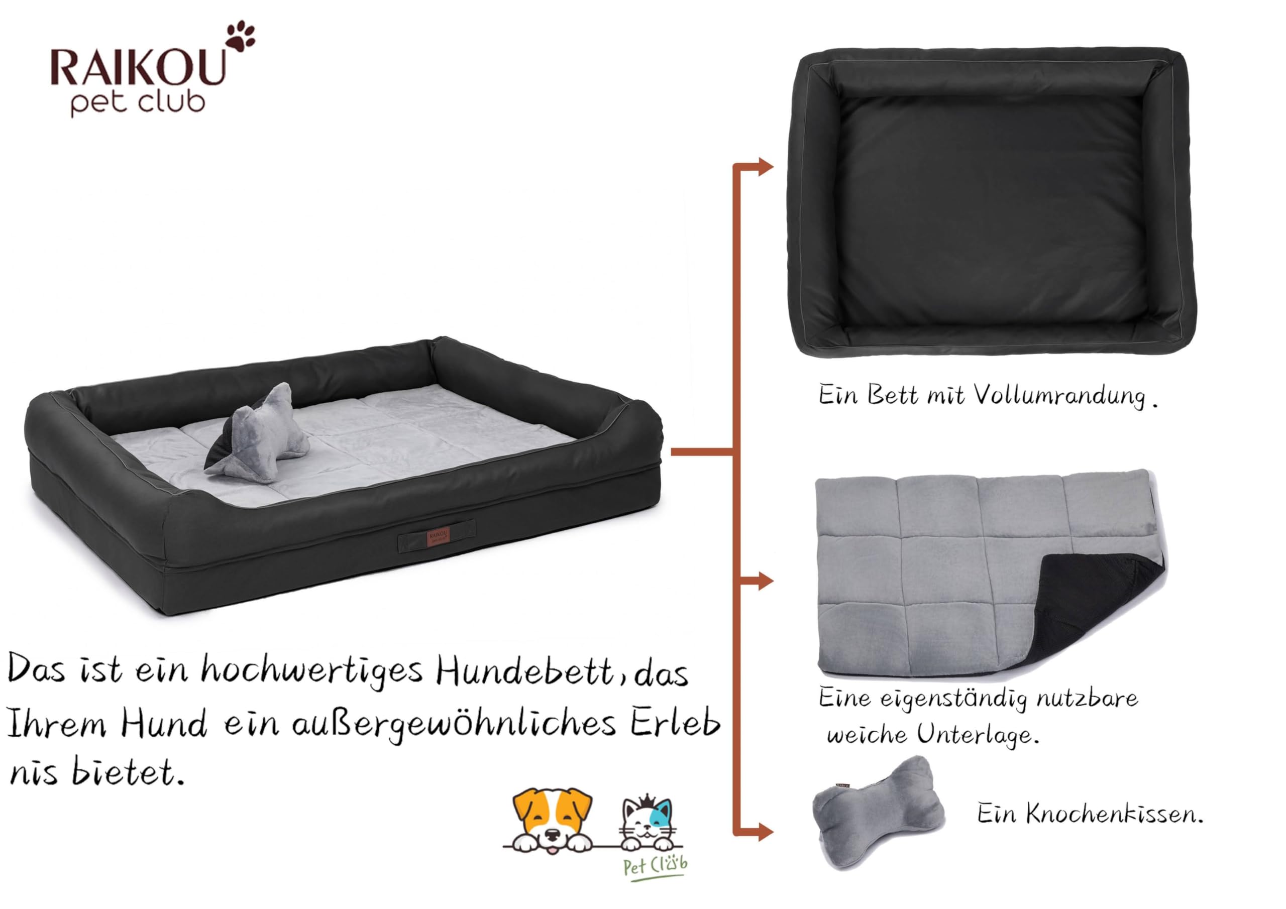 RAIKOU Matelas Orthopédique Chien,Canapé pour Chien,Lit en Mousse pour Chien,Coussin Chien Mémoire de Forme,Panier Chien Dehoussable,Lit pour Chien&Chat Lavable et Antidérapant(Noir,100x80x9cm)