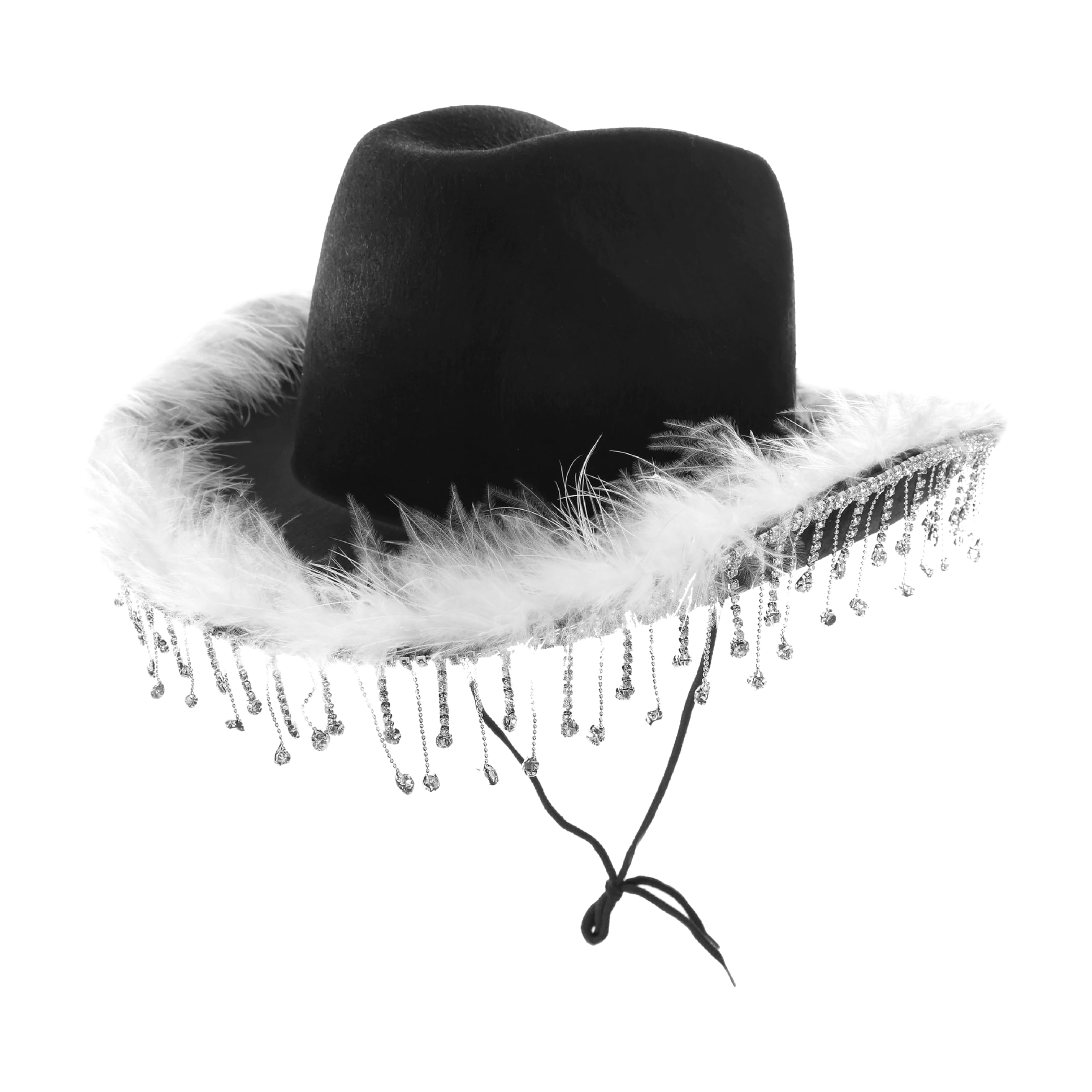 Black Cowgirl Hat with Sparkling Diamantés and Fluffy Marabou Trim – Glam Western Fancy Dress Accessory for Hen Parties, Festivals, Rodeos and Themed Nights Out