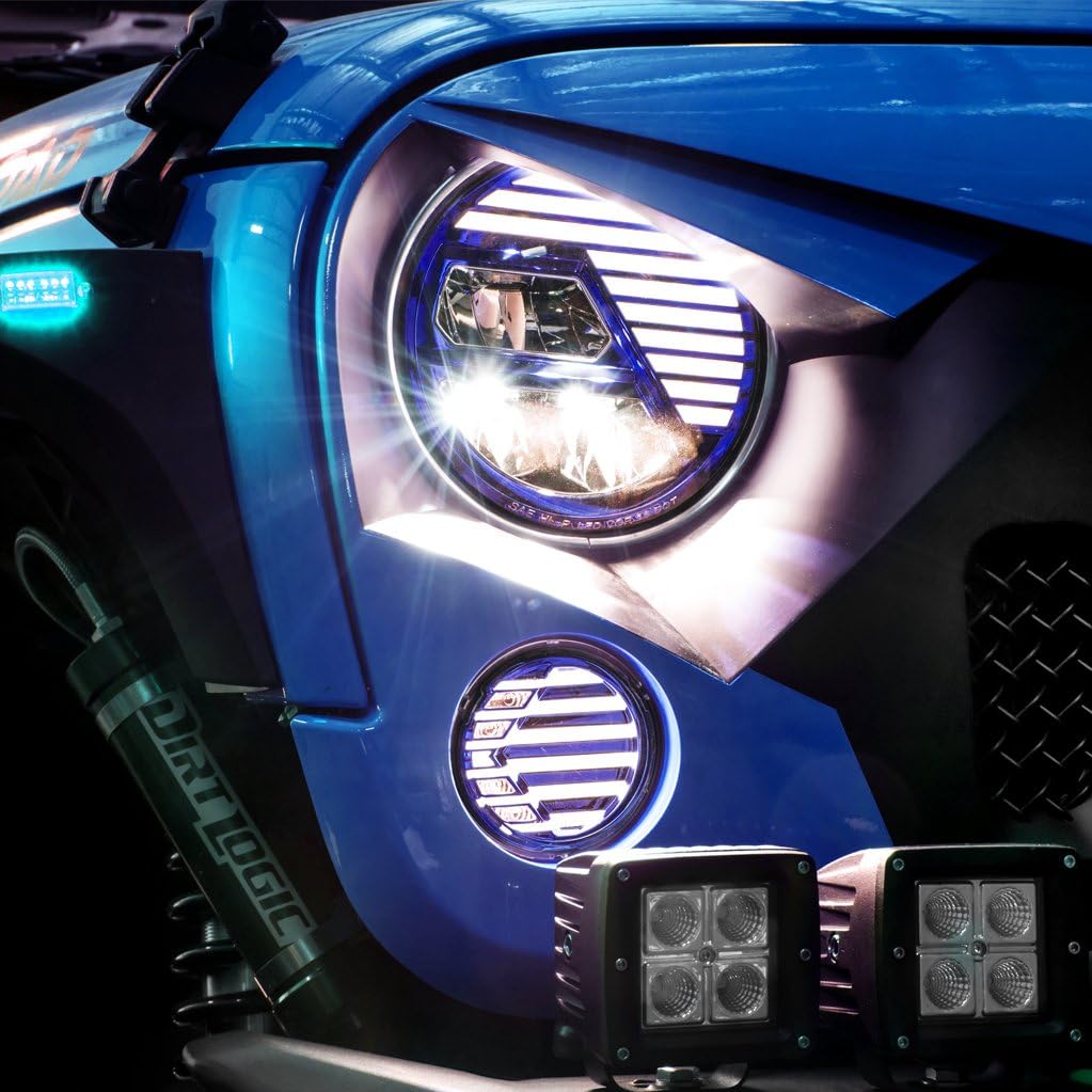 Extreme Skull Blue w/Clear lens+LED Headlight Hi-Bean+Low-Beam (Cree LEDs) & Turn Signal LED Light+Running Light Combo (Blue) compatible with 07-17 Jeep JK Wrangler
