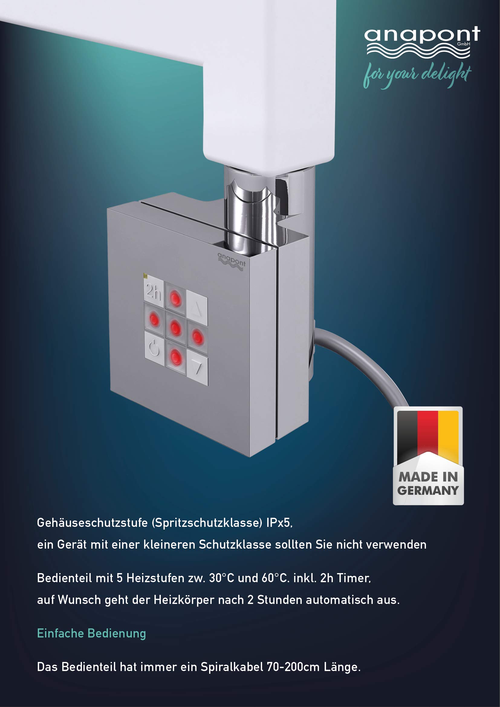 anapont Elektryczny grzejnik łazienkowy, chrom, prosty, dostępny w różnych rozmiarach, łącznie z grzałką i różnymi wkładami grzewczymi do wyboru (KTX 2, 1775 wys. x 600 B)