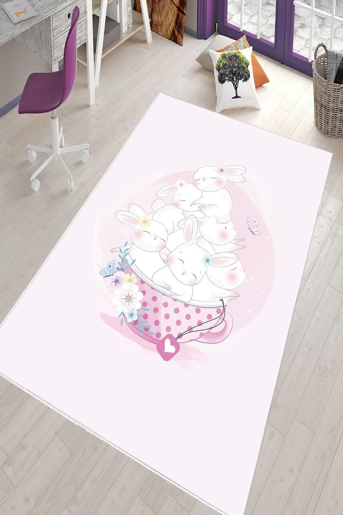 Pelangi Pudra Tavşan Desenli Yıkanabilir Kaymaz Taban Leke Tutmaz Bebek Ve Çocuk Odası Halısı, Pudra 80 x 500, 90135707780500