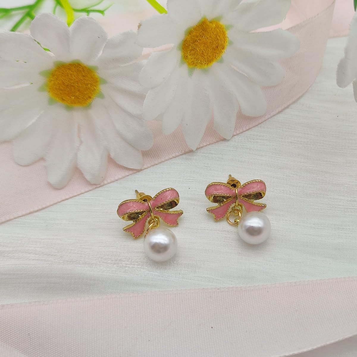 Pearl Bow Earrings for Women Rhinestone Bow Stud Earrings Gold Bow Earrings Christmas Bow Earrings - Image 5
