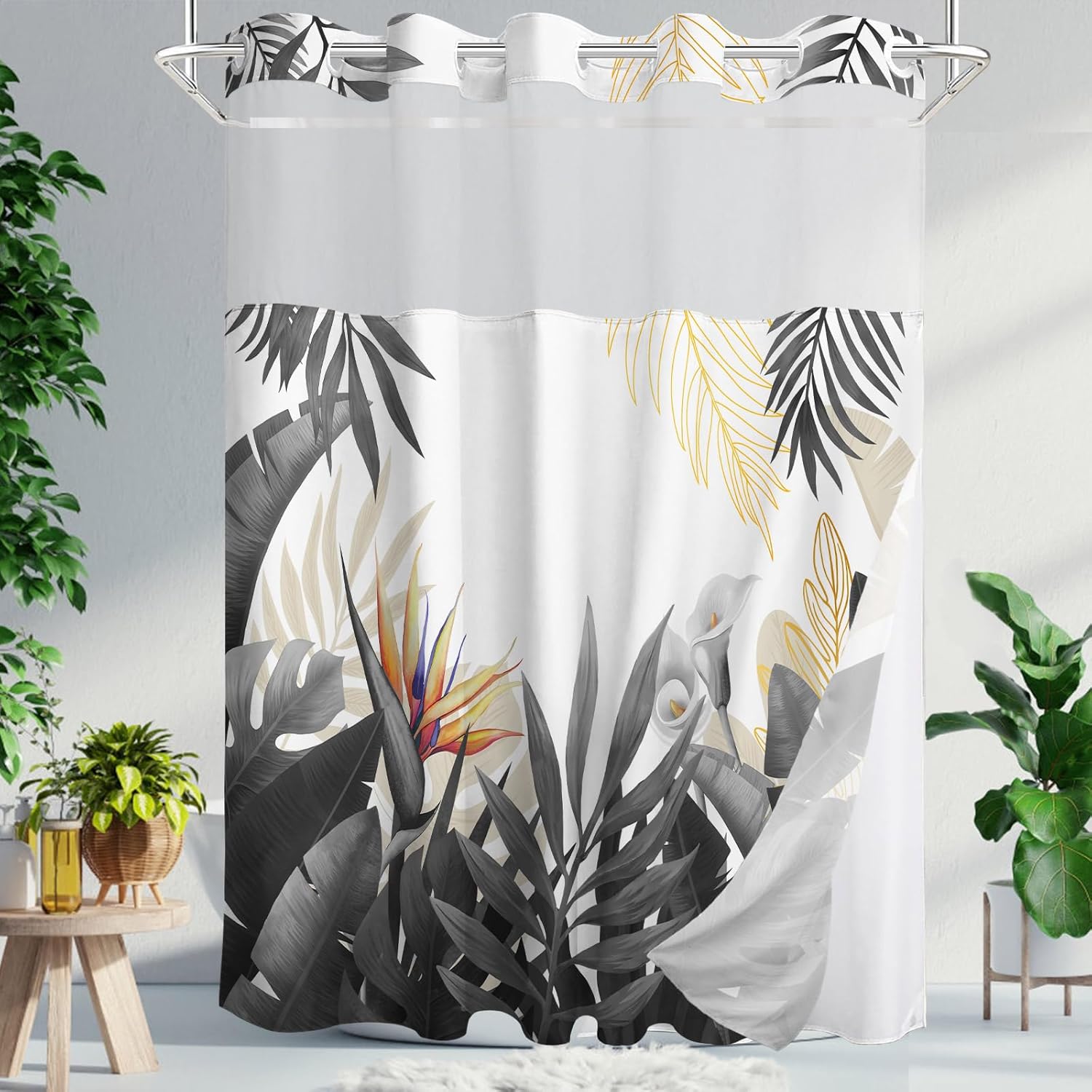 Stall No Hook Shower Curtain with Snap in Liner, Tropical Leaf Shower Curtains and Liner Set for Bathroom, Monstera Palm Leaves Floral Fabric Bath Curtain, Waterproof Washable, Green 54" x 80"