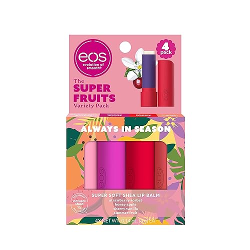 eos Bálsamo labial de karité súper suave paquete variado de súper frutas sorbete de fresa manzana miel vainilla cereza fruta de verano paquete de 4