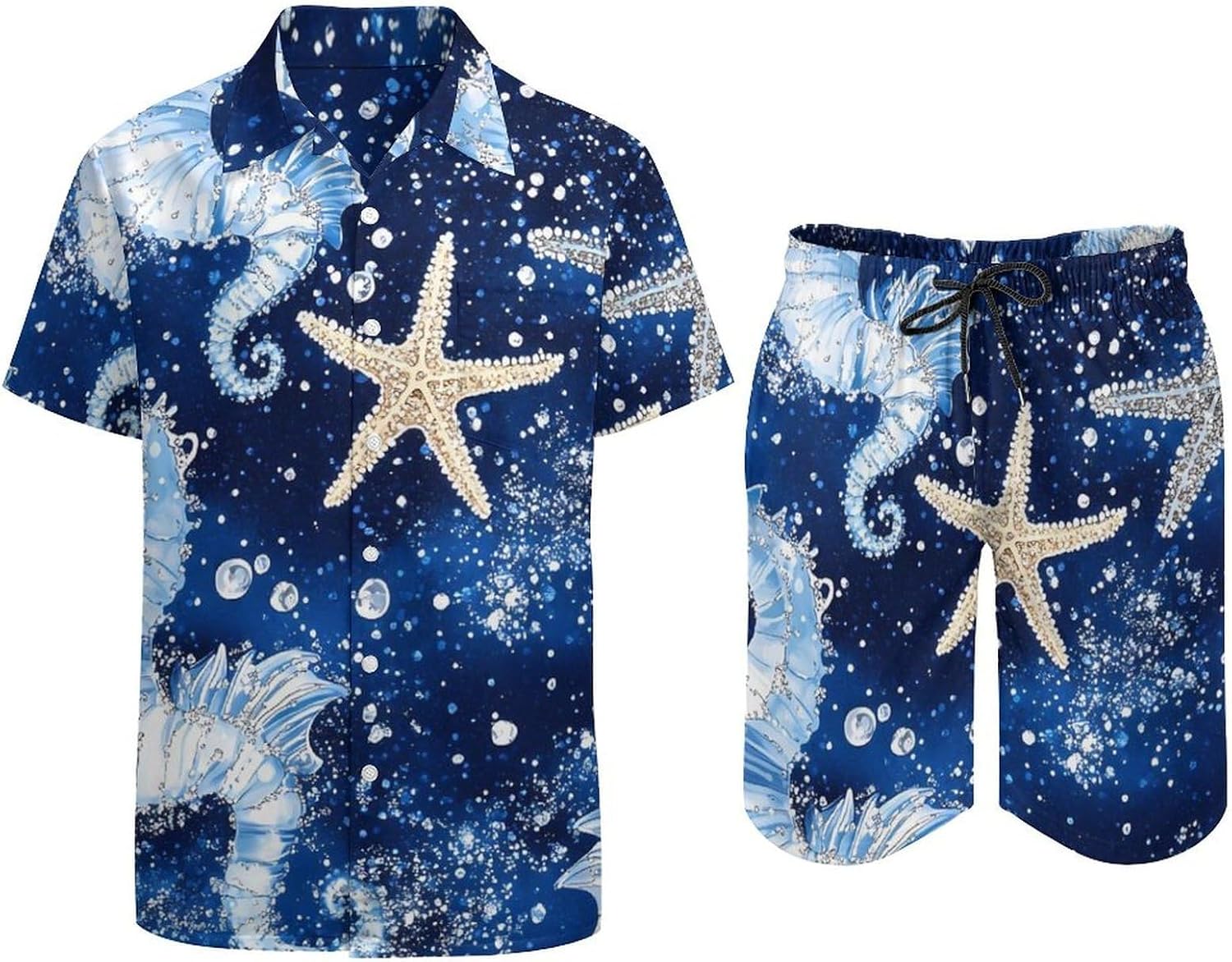 Seahorses And Starfish Men's Summer Beach 2 Piece Outfits | hawaiian button down shirt and shorts,vacation cruise,mens bathing suit