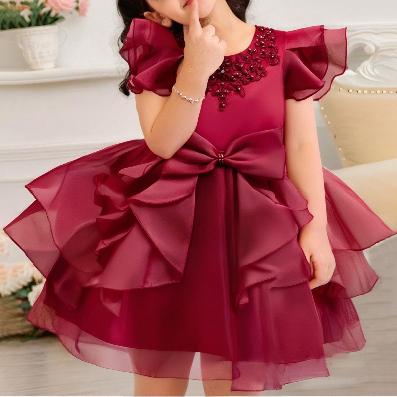 Vestito da ragazza da principessa in tulle con fiocco per bambini a più livelli festa di compleanno matrimonio damigella d'onore abiti da ragazza di fiori abiti da festa formale ballo di fine anno