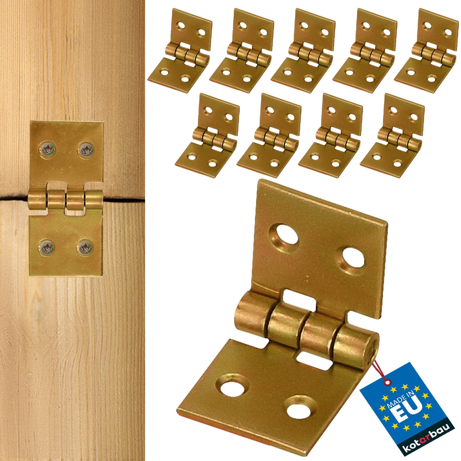 Kotarbau Gold - 10-Piece Set Galvanized Hinges - For Doors, Furniture, Boxes, Cabinets And Many More - 50 X 25 Mm - Colour: