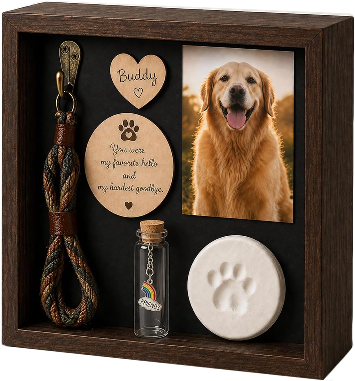Pet Memorial Shadow Box, Rustic Solid Wood Keepsake Frame with Paw Print Kit, Fur Keepsake Jar & Collar Hook, Sympathy Gift for Dog & Cat Loss, Tabletop or Wall Display