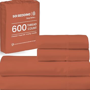 SGI bedding Twin Bed Sheets Set Premium 600 TC Egyptian Cotton, Crisp & Cooling Sateen Weave, Extra Soft Hotel Collection, Fits Mattresses Up to 16 Inch Deep, Breathable & Long Lasting Terracotta