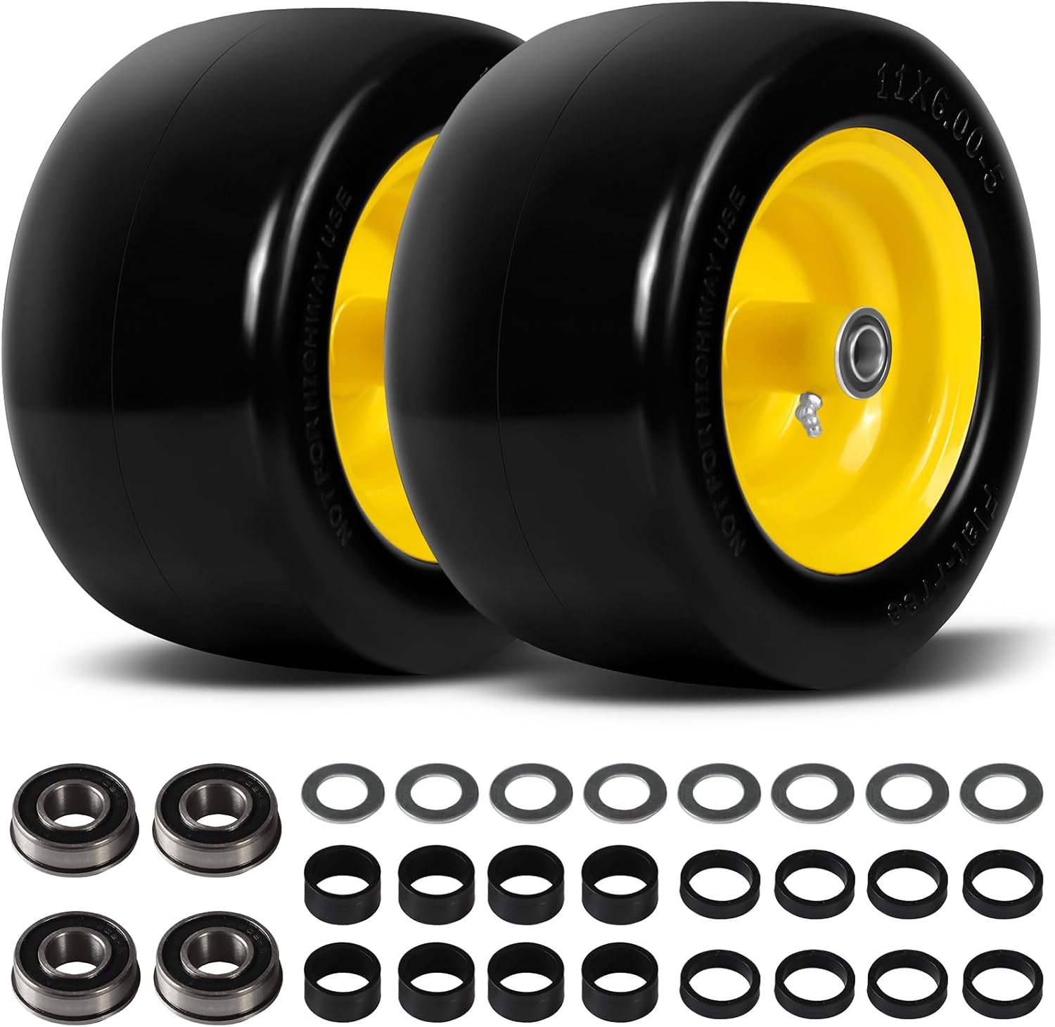 11x6.00-5 Flat Free Lawn Mower Tire Wheels; 2 Packs Smooth Tread Puncture-proof Tire for Lawnmowers, Replacement 3/4" & 4 Pcs 5/8" Bearing with 24 Spacers for Zero Turn Mowers 、Garden Tractors Carts