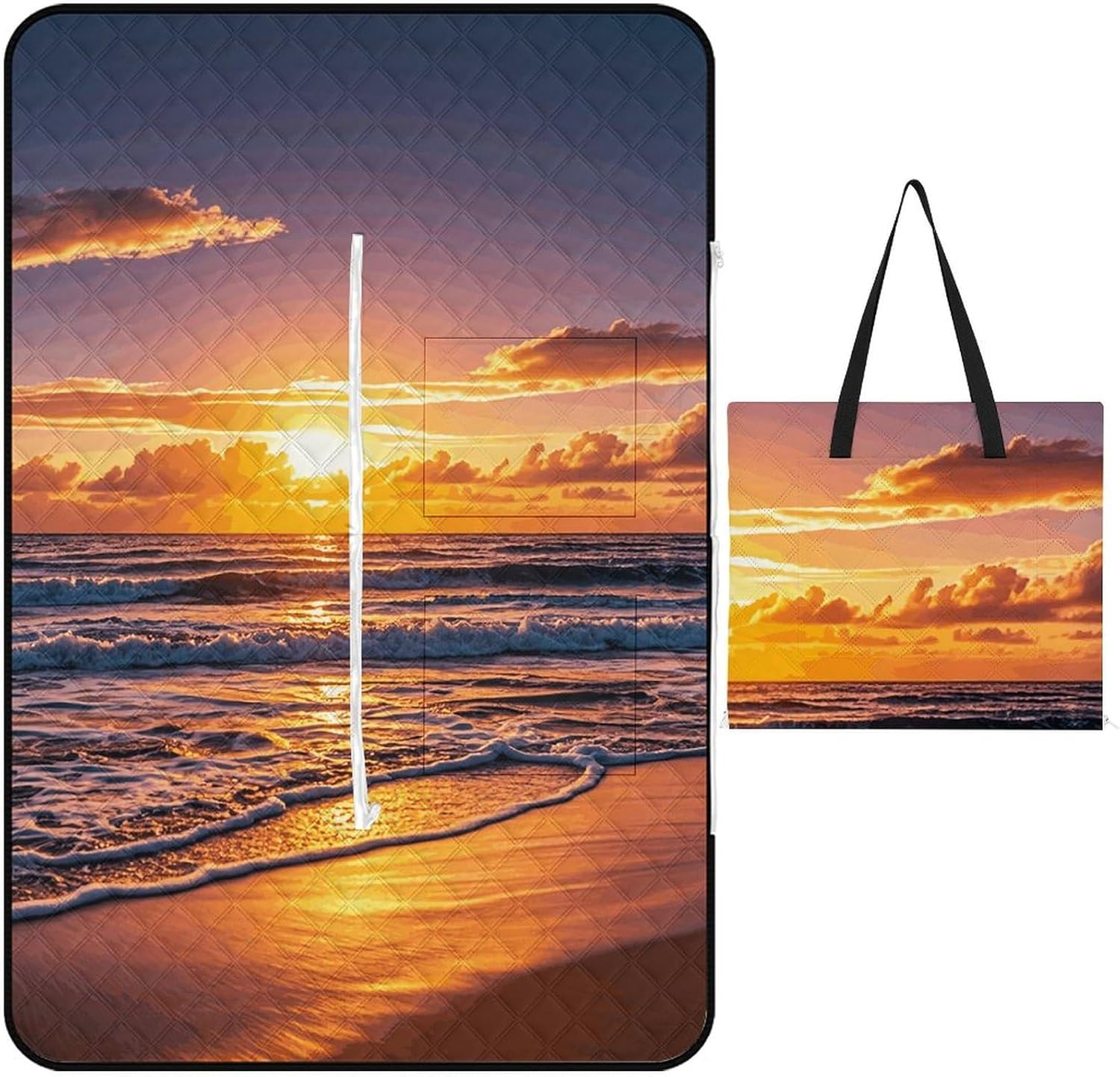 Picnic Blankets Waterproof and Foldable Picnic Beach Mat Portable Beach Sunset Waves Camping Blanket for Camping, Park, Beach