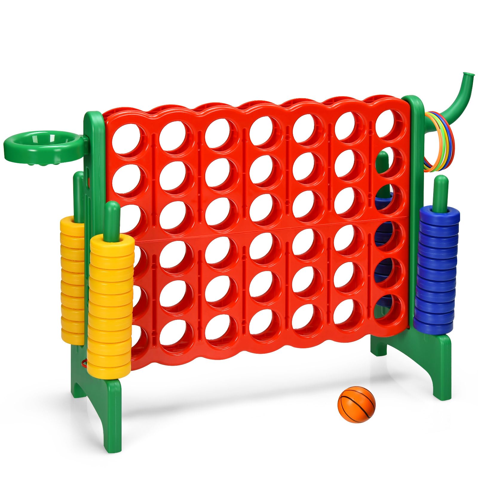 KOTEK Giant 4-in-a-Row Family Game w/Quick-Release Sliders, 42 Rings, Ring Toss & Basketball Hoop, Connect Yard Game for Kids & Adults (Without