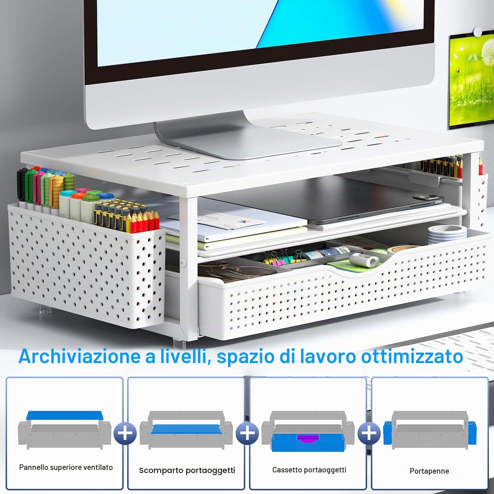 Gianotter Supporto per Monitor 2 Livelli con Cassetto e Portapenne, Organizer da Scrivania Bianco