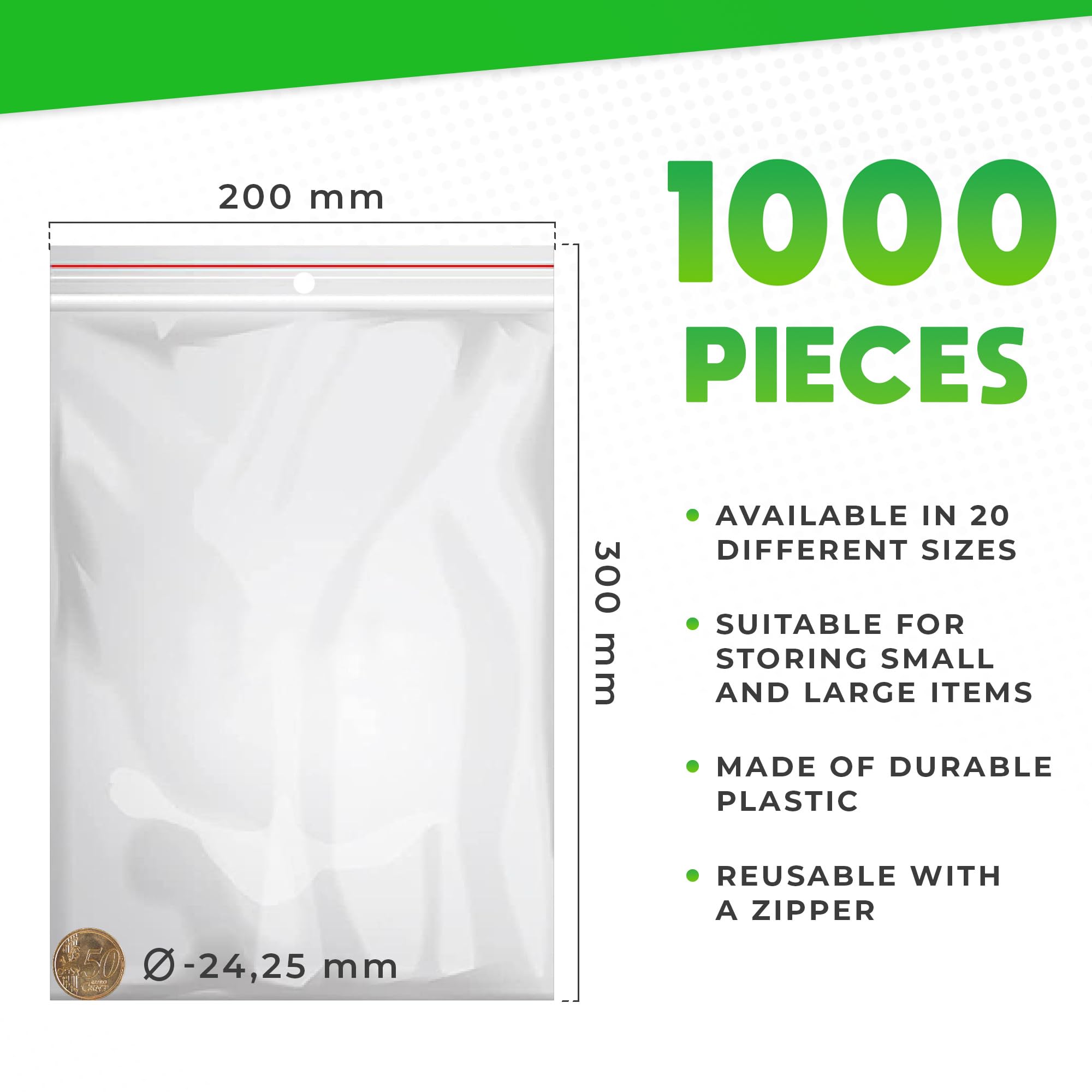 V1 TRADE Set di sacchetti con cerniera, 1000 pezzi, 200 x 300 mm, riutilizzabili, trasparenti, con chiusura a zip, per una migliore organizzazione, sacchetti di plastica
