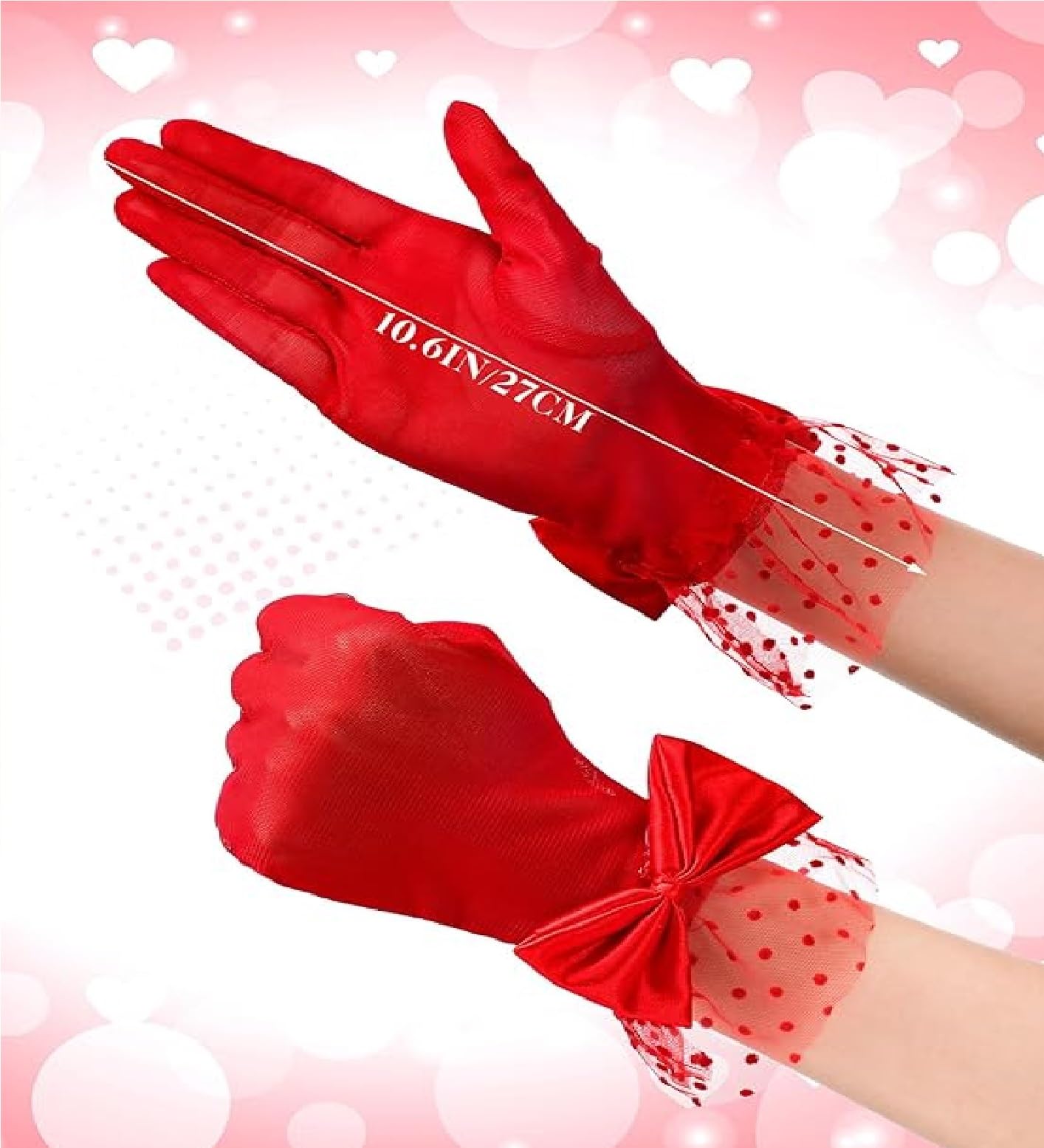 TASMAI MARKETING Ladies Short Lace Gloves, Bow Design with Polka Dots, Soft Breathable Fabric, Pink Red Black Rosered White and Beige Colours (Red, 28 * 9.5 cm) 2