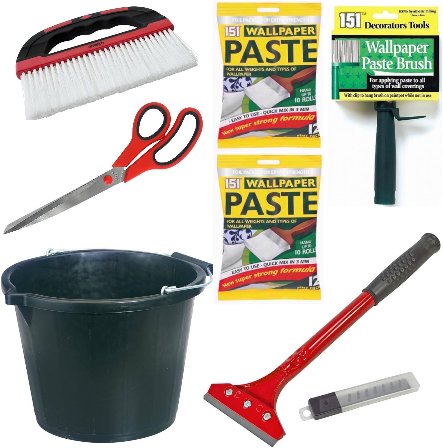 Professional Wallpapering Tools Kit - Pasting Brush, Wallpaper Paste Ready Mixed, Deluxe Scraper Stripping Knife Tool, Wallpapering Scissors, Wallpaper Hanging Brush Plus Free 5 Litre Bucket