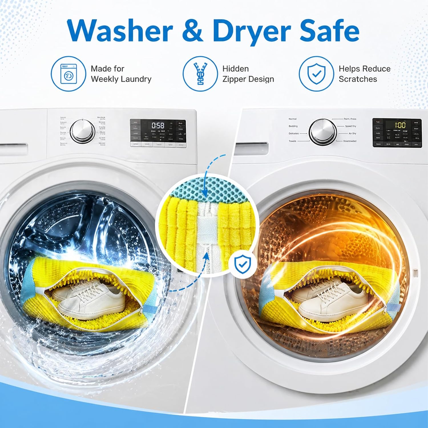 Shoe Washing Machine Bag, 2 Pack Sneaker Cleaning Bags for Washer & Dryer, Hidden Zipper Laundry Shoe Bag Protects Shoes & Drum, Fits Tennis Shoes and Daily Footwear (Yellow)