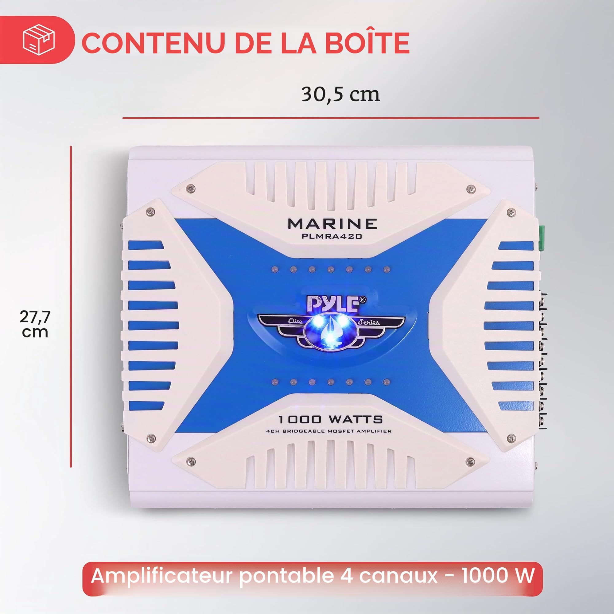 Amplificateur Pyle étanche avec 4 canaux et une puissance de 1000 Watts. Amplificateur MOSFET pontable - Idéal pour bateau, scooter de mer etc.