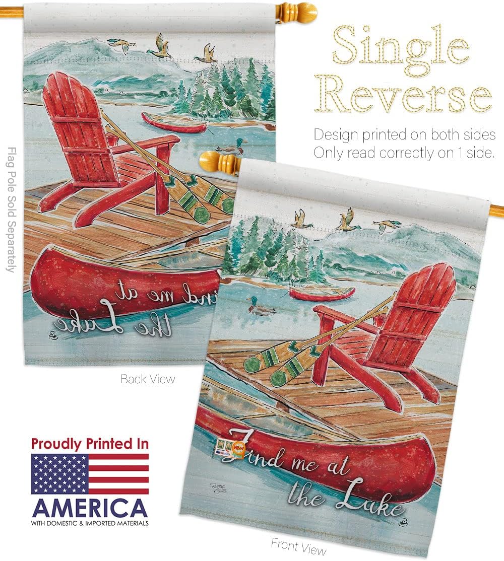 Breeze Decor Find Me at The Lake House Flag Dowel Set Outdoor Rustic Cabin Moose Wildlife Adventure Forest Small Decorative Gift Yard Banner Made in USA 28 X 40