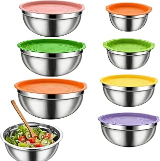 Rostfria Blandningsskålar med Lock Rostfritt stål, halkskydd, | För Sallad, Grönsaker, Sås, Ägg, Deg, Frukt För Spannmål, Snacks, Ägg, , Grönsaker, Deg, Och Frukt