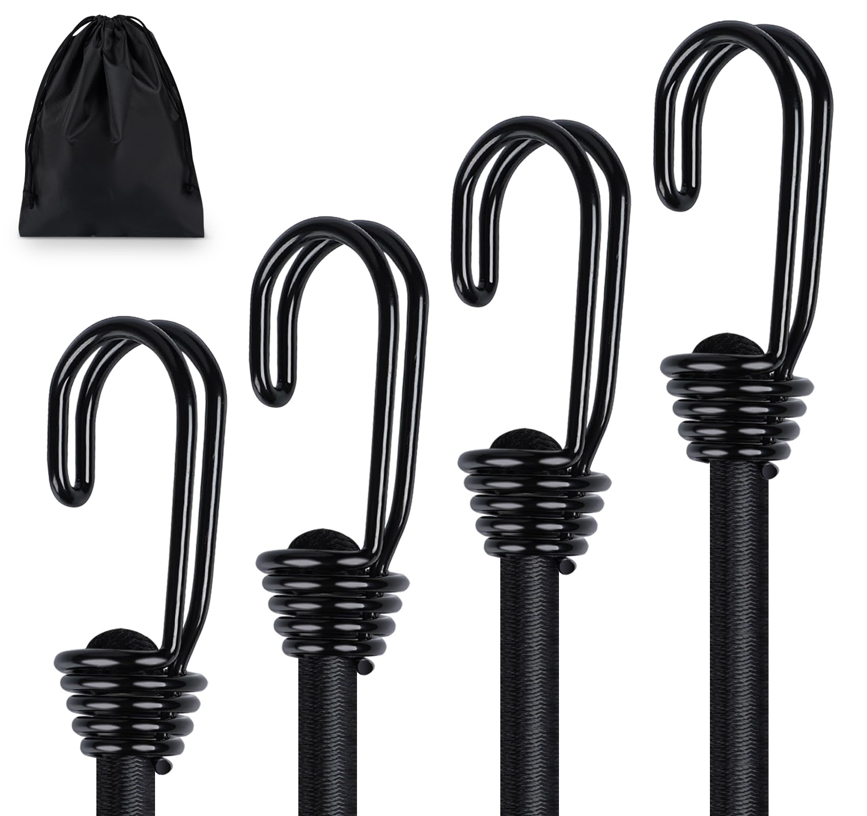 4 x 40" (100CM) Bungee Cords with Hooks, Binswloo Heavy Duty Elasticated Shock Cords Luggage Straps for Securing Outdoor Tarps Tents Camps Garden Furniture, All Black, 1M Long