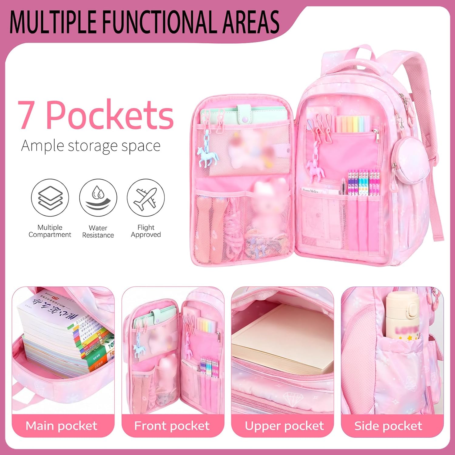 Girls School Backpack Set, Cute Kids Bookbag for Ages 6-12, Pink image 3