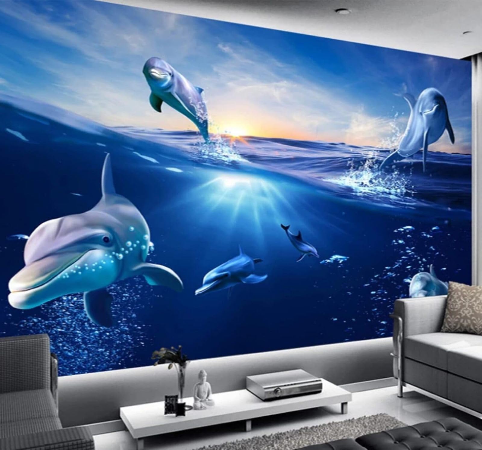 XLMING Cartoon Dolphin Beautiful Sunrise Ocean 3D Wallpaper Luxury Home Dining Decor Paste Sofa Living Room The Wall for Bedroom Mural-350cm×256cm