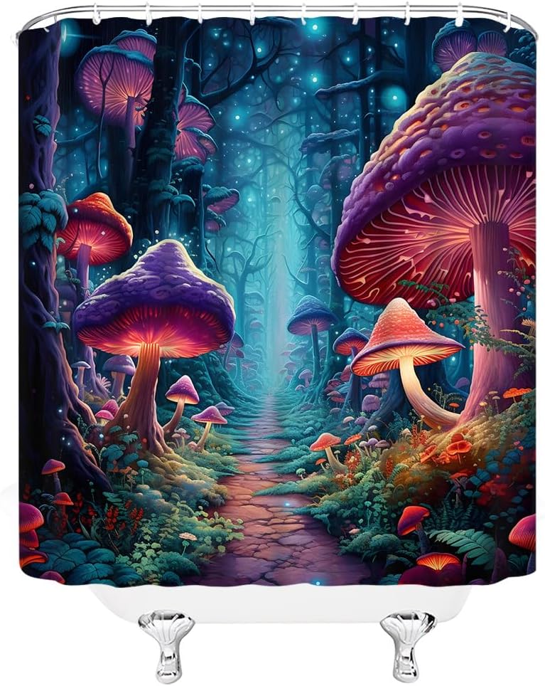 Mushroom Shower Curtain Vintage Botanical Wild Plants Fantasy Fairy Tale Forest Bathroom Decor Polyester Curtains with Hooks