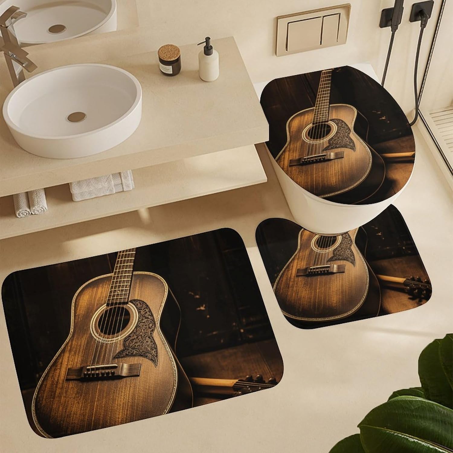 Old West Guitar Shower Curtain Set 4 Piece, Non-Slip Bath Mat with Toilet Lid Cover and Waterproof Shower Curtain with 12 Hooks, Complete Bathroom Set for Home Decor