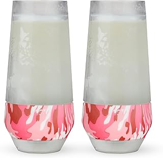 HOST Champagne Freeze Double-Walled Stemless Wine Glasses Freezer Cooling Cups with Active Cooling Gel and Insulated Silicone Grip, 9 Oz Plastic Tumblers, Pink Camo, Set of 2