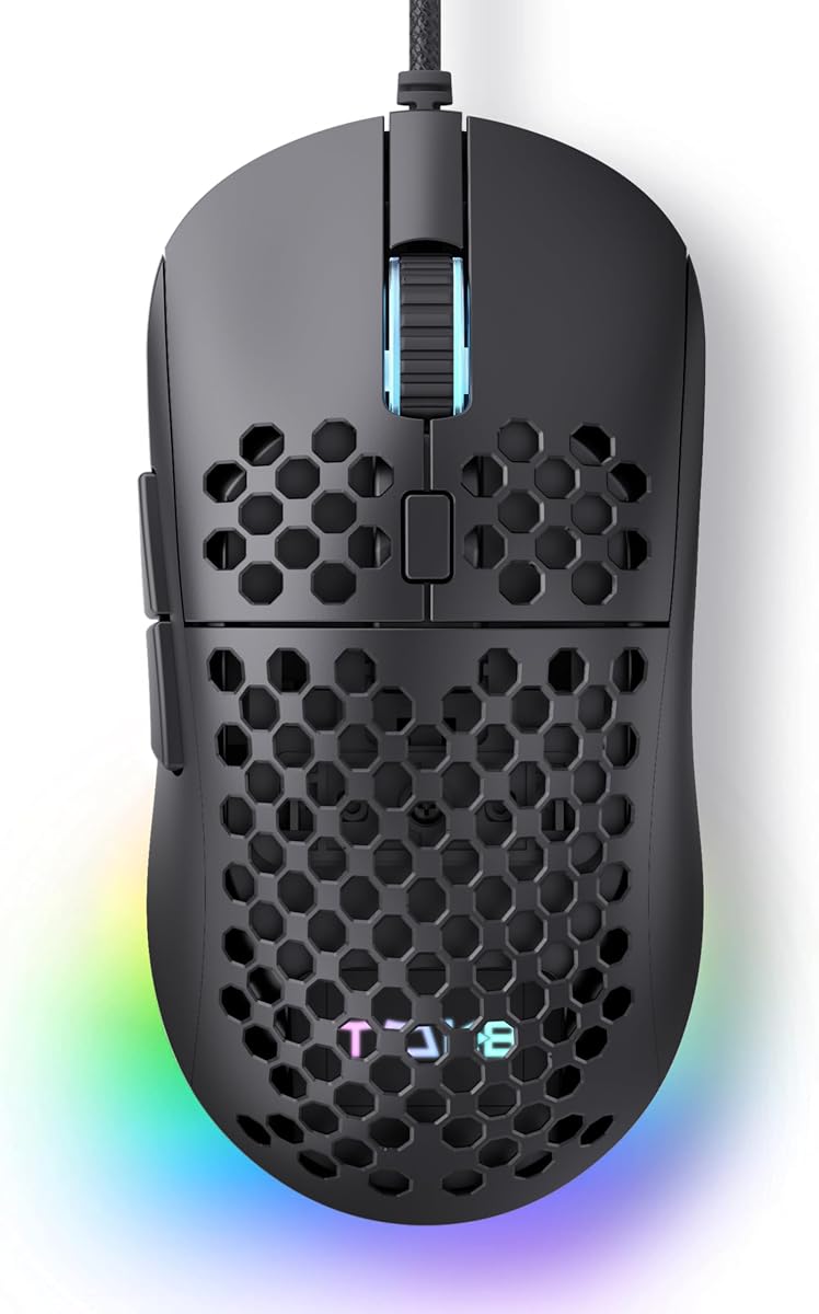 Ratón para juegos con cable TMKB Falcon M1SE, panal ligero, 12800 DPI, negro | Sensor óptico de alta precisión, 6 botones programables, RGB personalizable de 16,8 M, Paracord ergonómico sin arrastre, patines de PTFE
