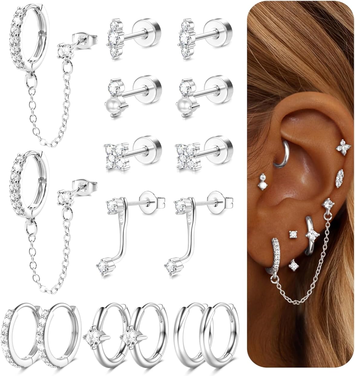 Dochais Hypoallergenic Flatback Stud Hoop 14K Gold Plated Earrings Stacks - Surgical Stainless Steel Earring Set Chain Cartilage Earrings - Small Ear Piercing Flat Back Earring for Women Trendy