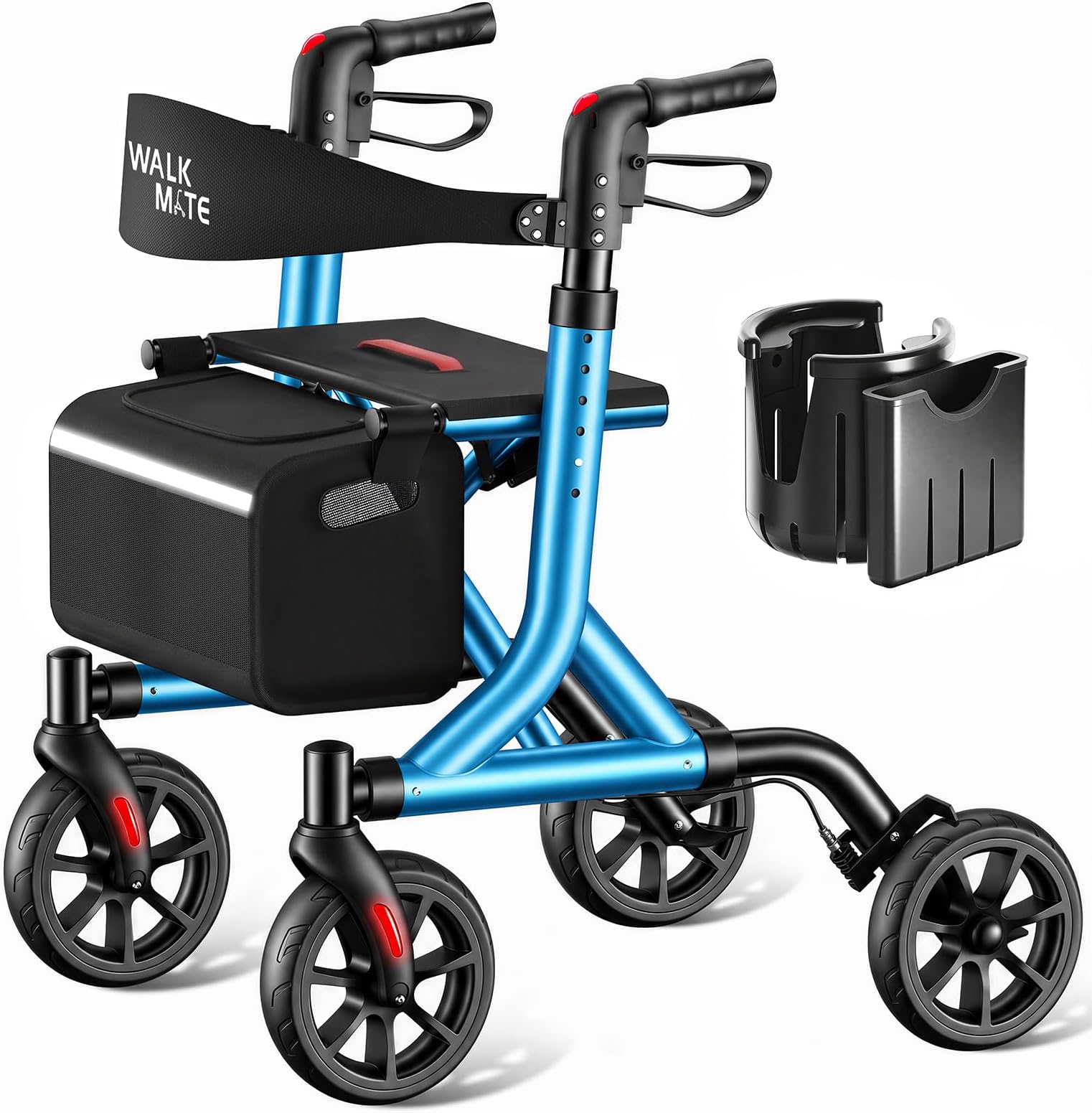 WALK MATE Rollator Walkers with Seat Back Support for Seniors Adults, 8 Inch Wheels Rollator Walker with Cup Holder Compact Folding Design Lightweight Mobility Walking Aid Aluminium Frame, Blue