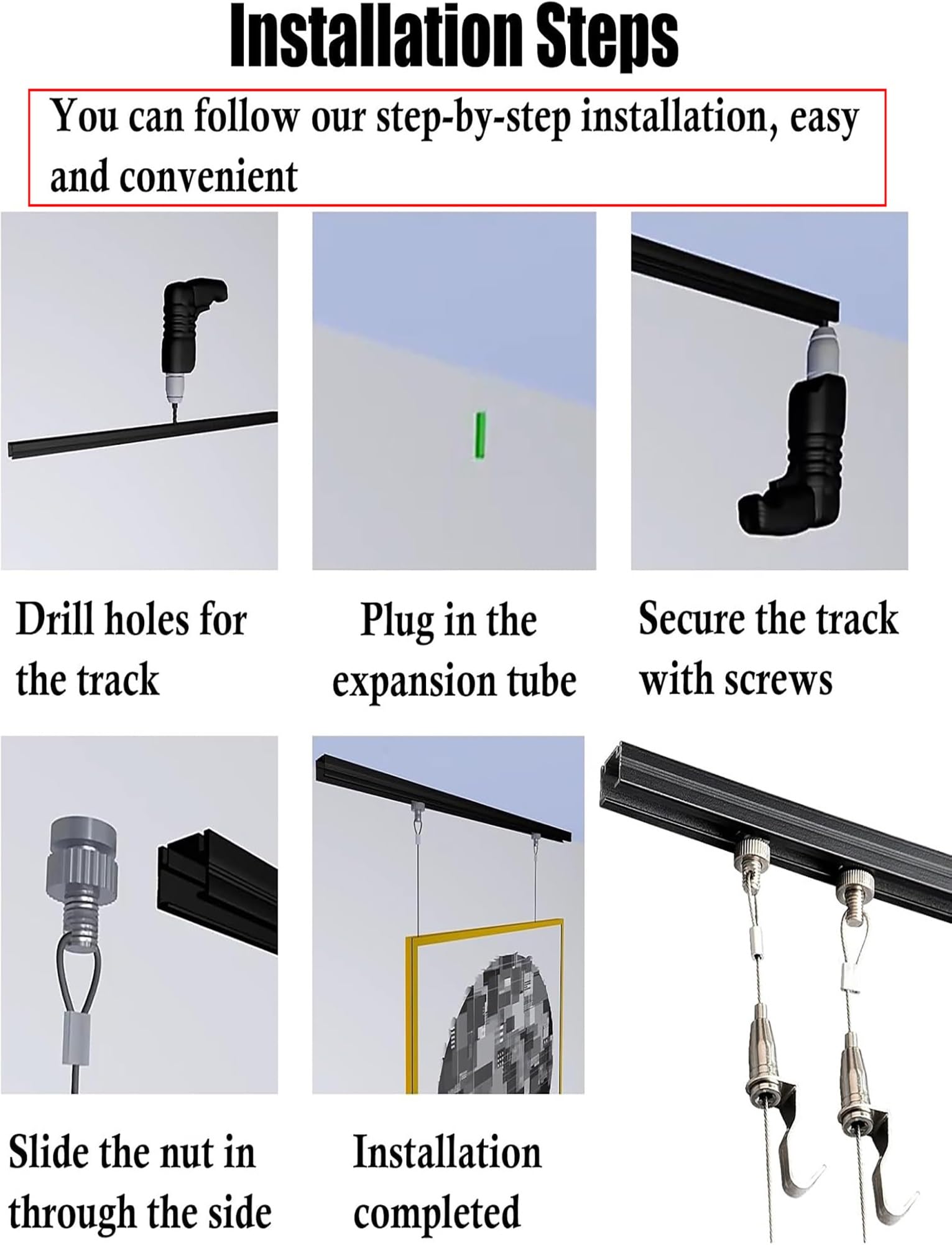 Rail d'accrochage pour tableaux, Kit de rail de suspension for tableaux 50-300 cm avec 2 câbles et 4 crochets(300cm/118.11in)