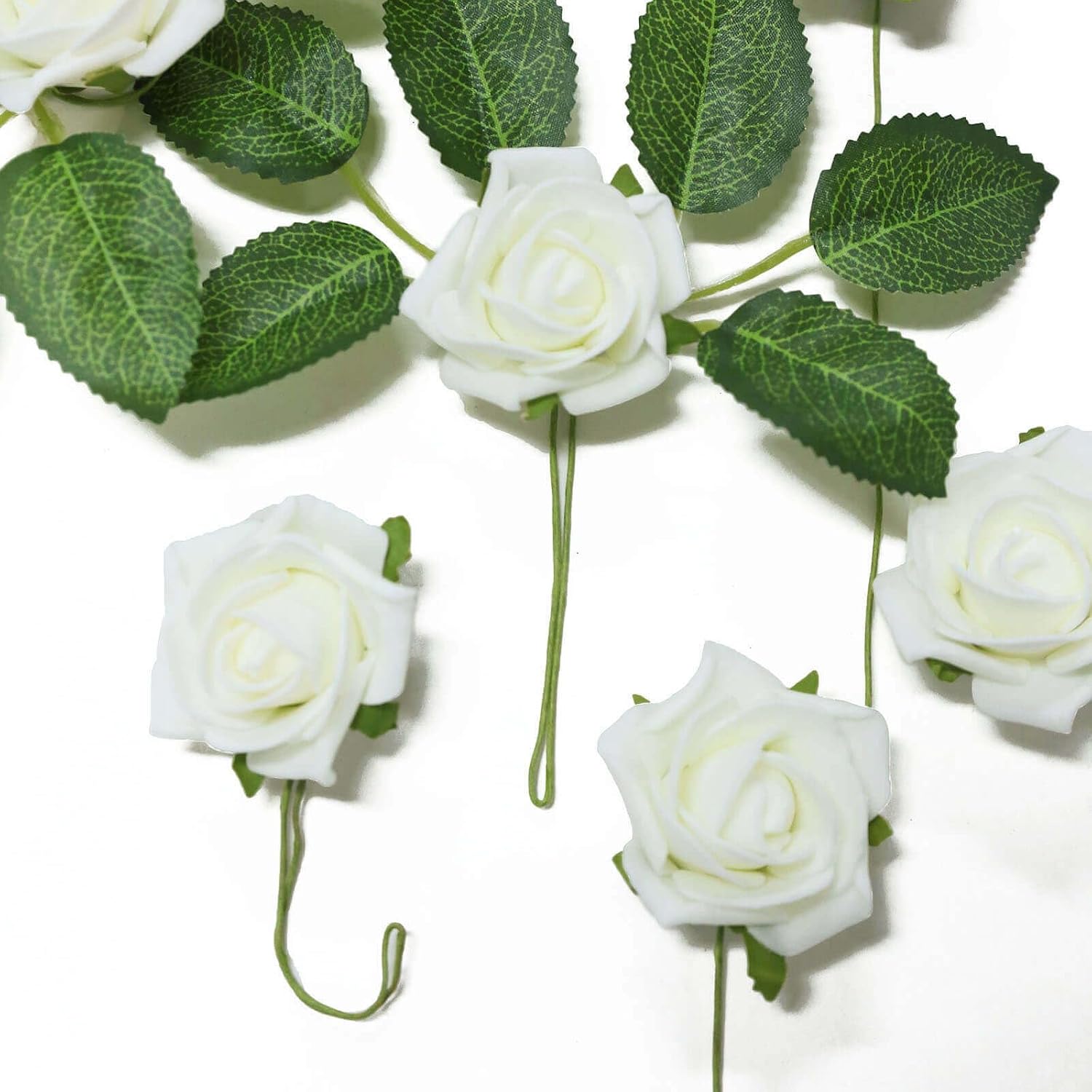 Efavormart Pack of 24 | 2-Inch Ivory Artificial Foam Roses with Stems and Leaves, Elegant Real Touch Flowers for Classic Wedding Decor and DIY Crafts