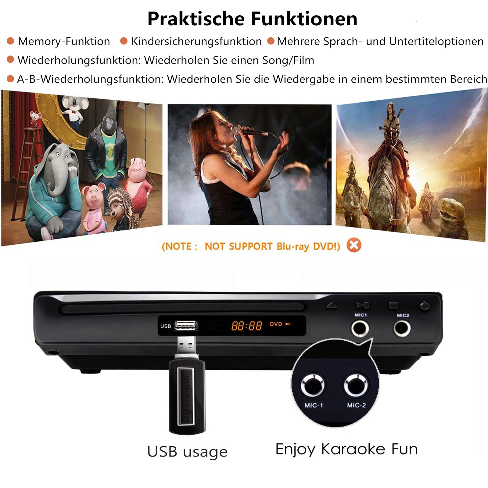 Mini DVD-Player Scart Kompakter CD-Player Regionsfreier HDMI DVD/CD/VCD-Player für TV, USB, 2 Mikrofonschnittstelle, HDMI/AV Kabel, integriertem PAL/NTSC TV System Metallgehäuse