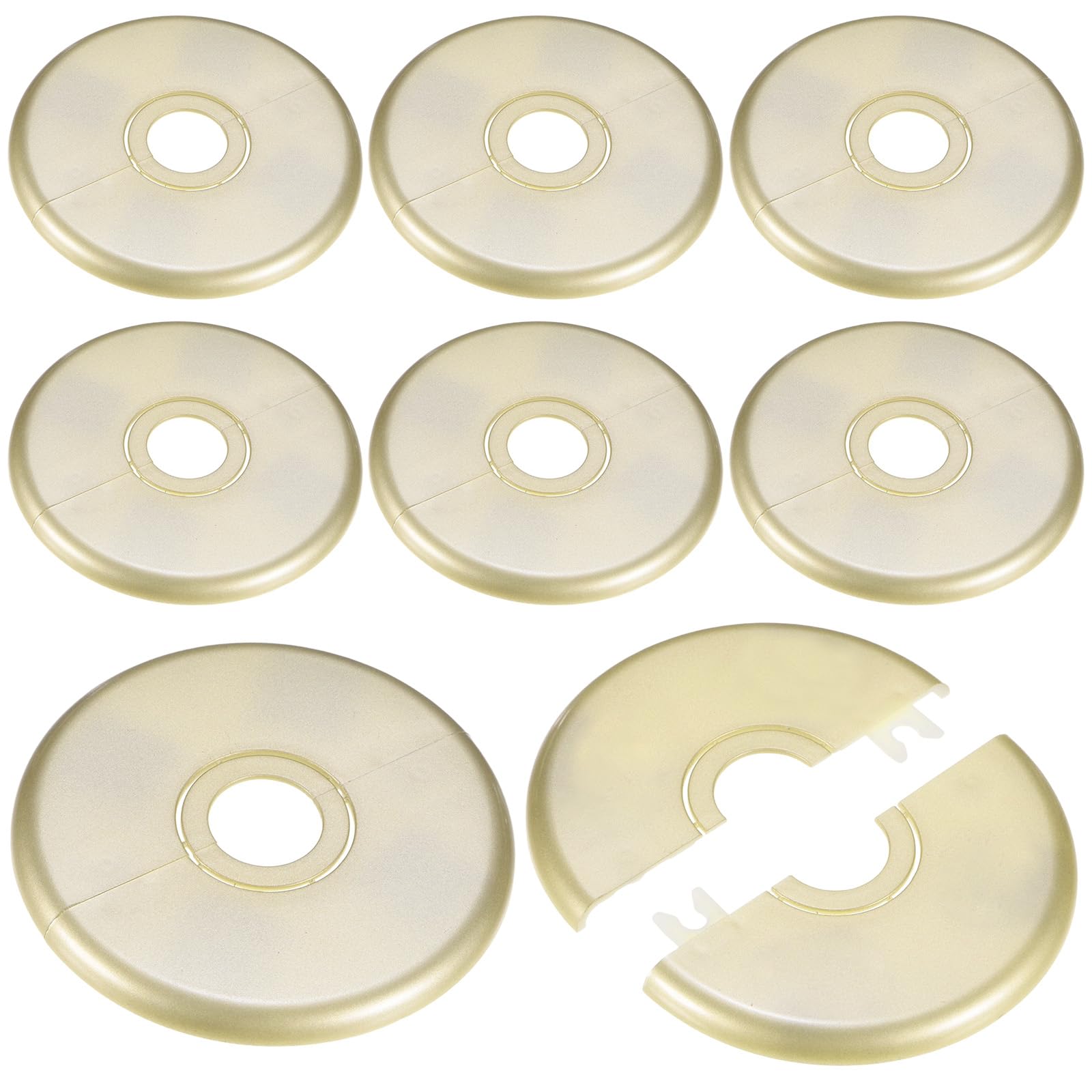 M METERXITY 8-Pack Wall Split Flange, 22mm[0.87"] to 34mm[1.34"] ID ABS Round Self-Adhesive Escutcheon Plate Cover Buckle for Pipe Accessories/Floor/Ceiling [Gold, 97mm 3.82" OD]